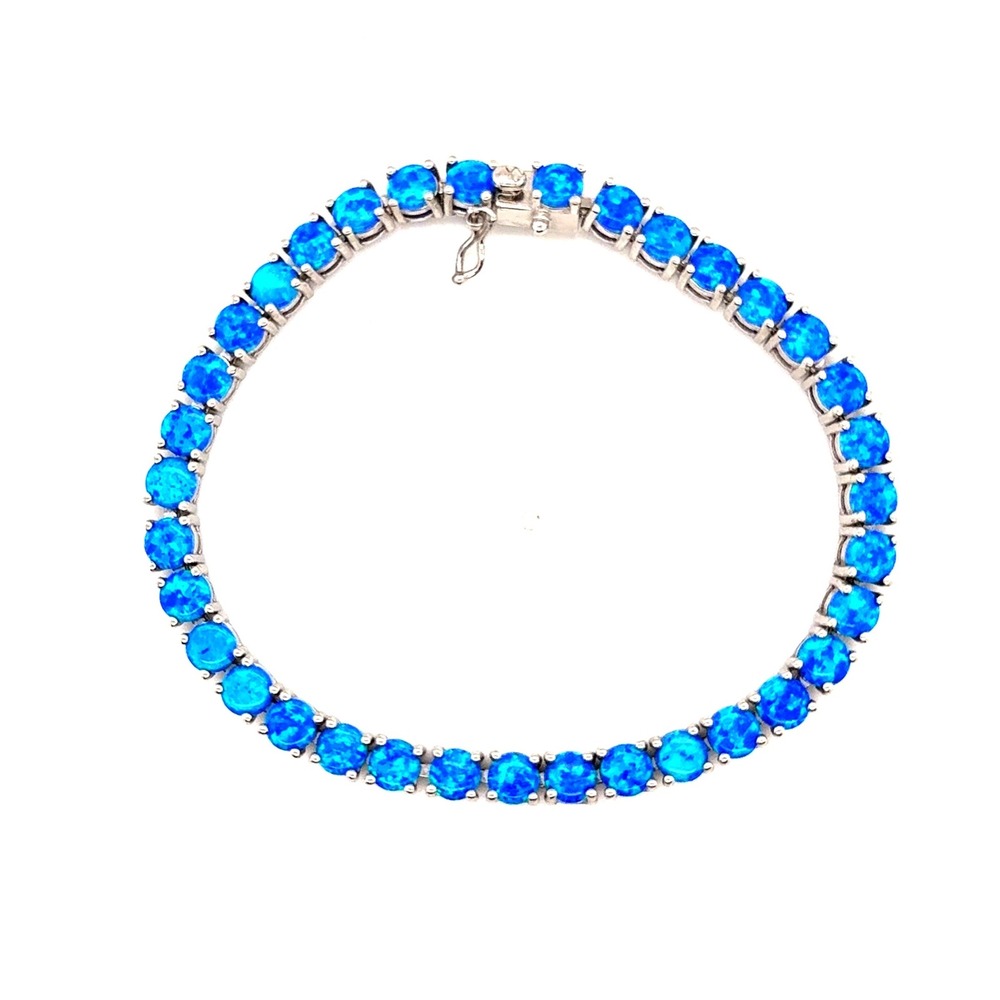 Sterling Silver 925 Blue Opal Tennis Bracelet 8 Inch 15.2g Round Cut Prongs